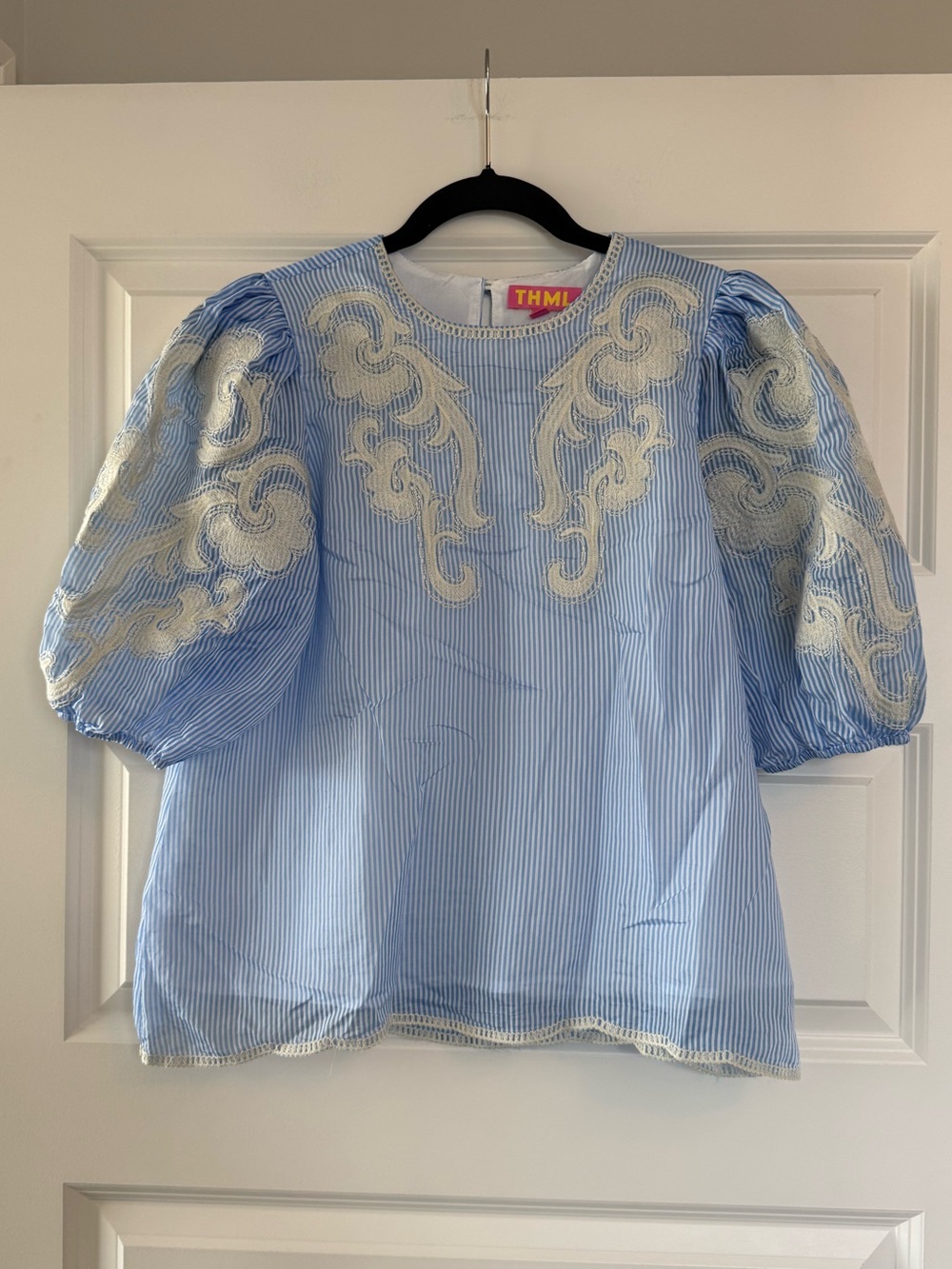 NWOT THML Puff Sleeve Embroidered Striped Top